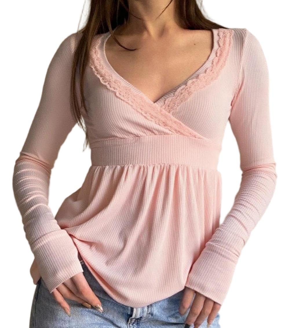 Eimmao Women Babydoll Long Sleeve Top Y2K V Neck Shirts Cute Pink M โ image 1