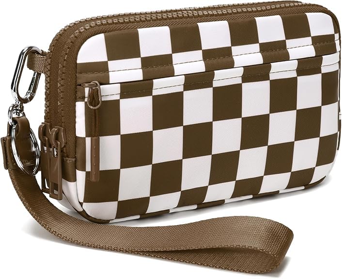 Wristlet Wallets for Women- Nylon Checkered Wristlet with 4 Zippers, Crossbody RFID Wrist Purse Carry All Wallets