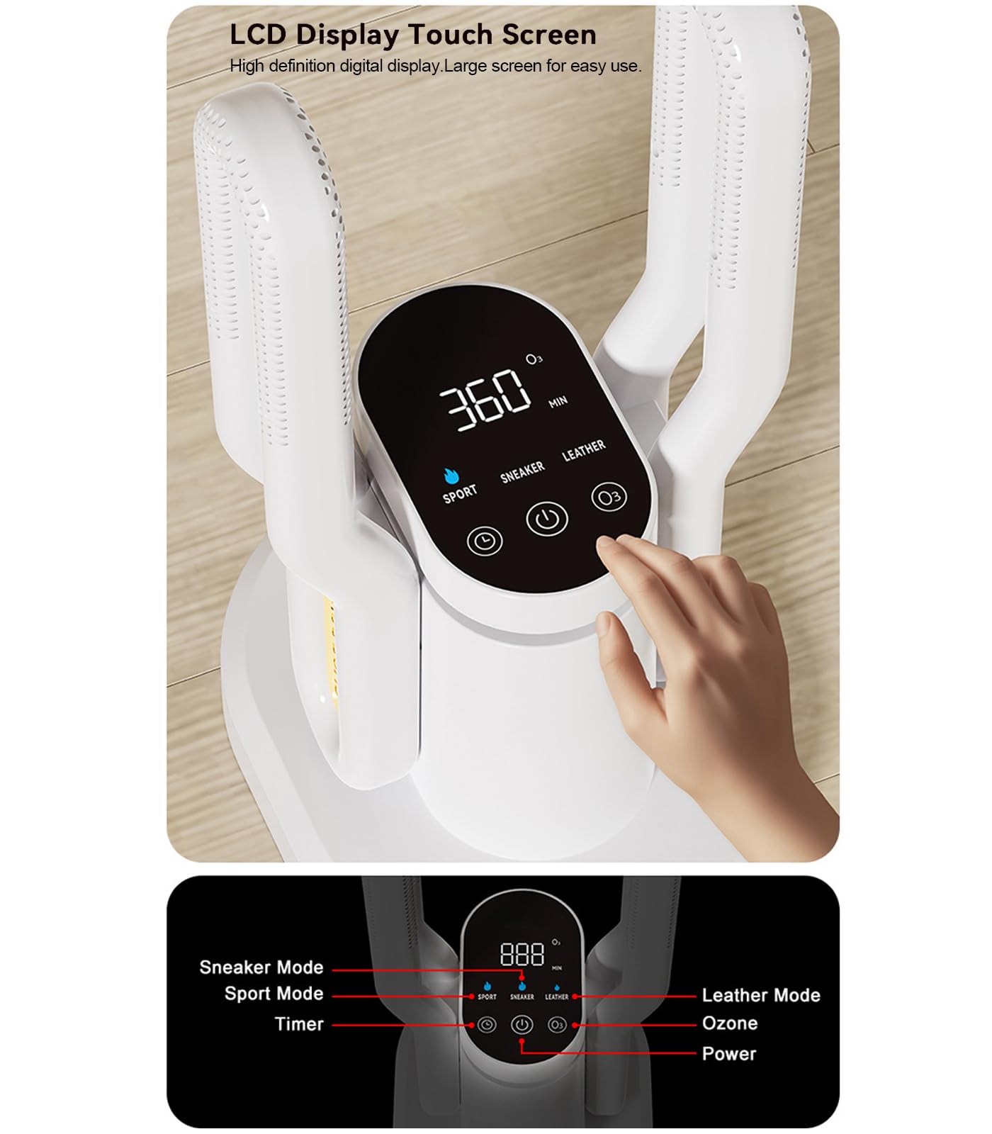 Suszarka do butów i rękawiczek z cyrkulacją gorącego powietrza 360°, tryby szybkiego suszenia, regulowana temperatura i timer, usuwanie zapachów do trampek, butów i czapek