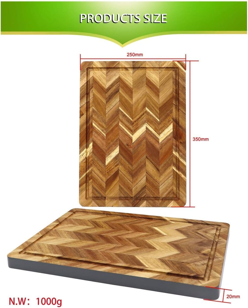 Solid Wood End Grain Cutting Board with Juice Groove, Rectangle Butcher Block with Painted Grey Edge, Food Safe, Kitchen Board