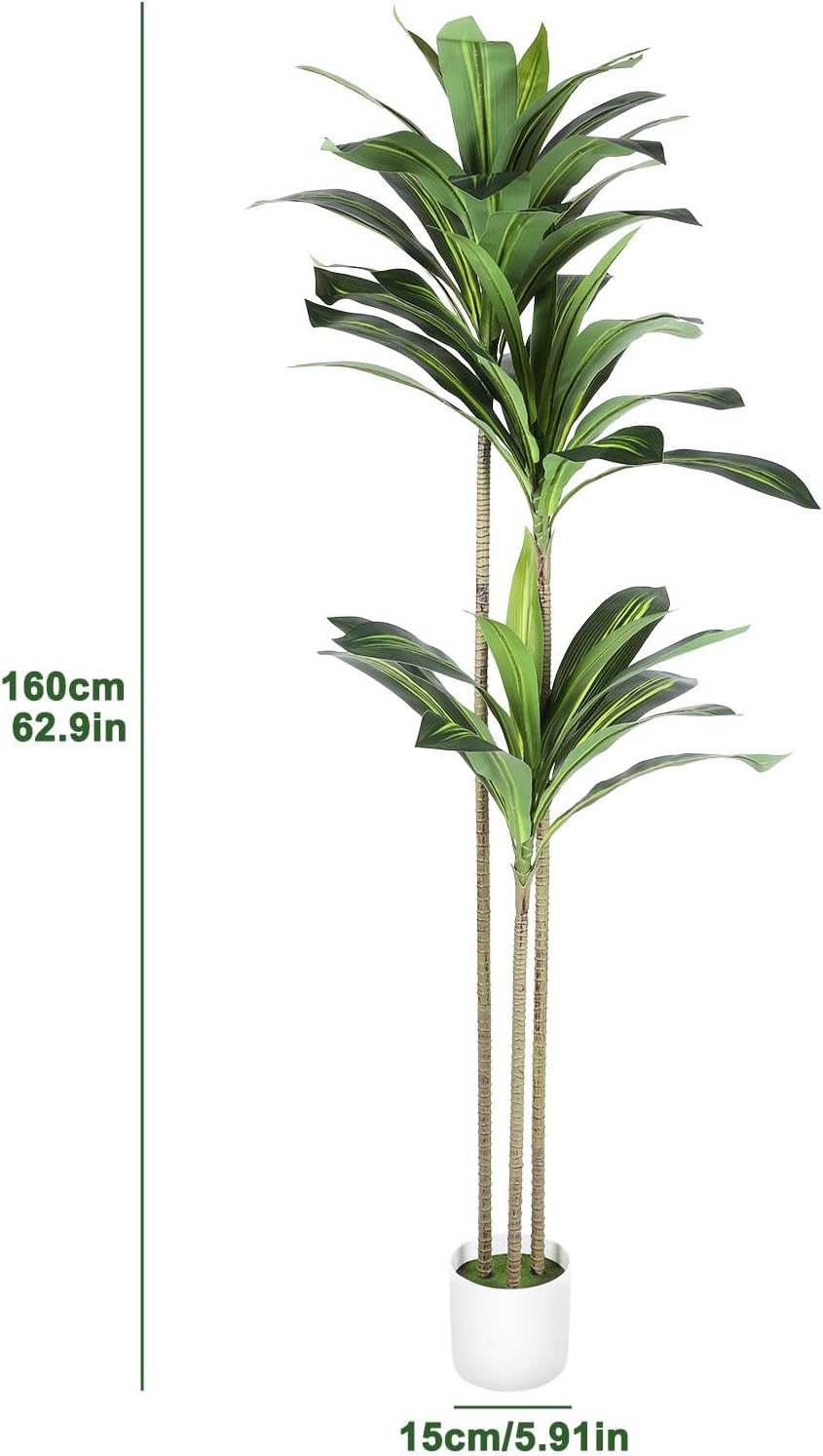 Artificial Dracaena Tree 5.2FT 3 Stems Realistic Faux Yucca Tree with White Nursery Pot, Lifelike UV-Resistant Leaves, Low-Maintenance Tall Floor Plant for Indoor Outdoor Home Office Living Room Decor