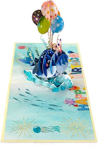 Miniatura 2 de ETA Tarjetas desplegables 3D de delfines y globos de feliz cumpleaños para amantes de los animales o amantes de los animales, tarjeta de cumpleaños