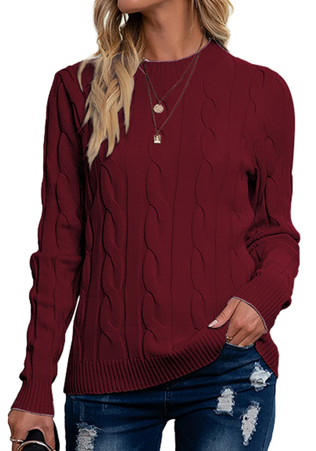 Damen Pullover Rundhals Cable Knit Grobstrick Sweater | Weicher Stretch Zopfmuster Strickpullover für Alltag, Büro, Herbst und Winter