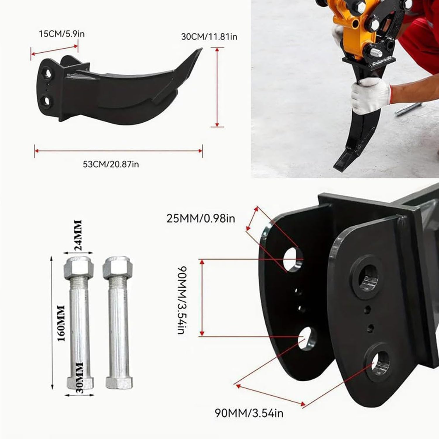 Mini escavatore Accessorio singolo Dente Ripper – Scarificatore a uncino singolo rinforzato, da 1 a 1,8 tonnellate – Interasse 90 mm (3,54") | Foro 25 mm (0,98") – Completo di 2 perni.
