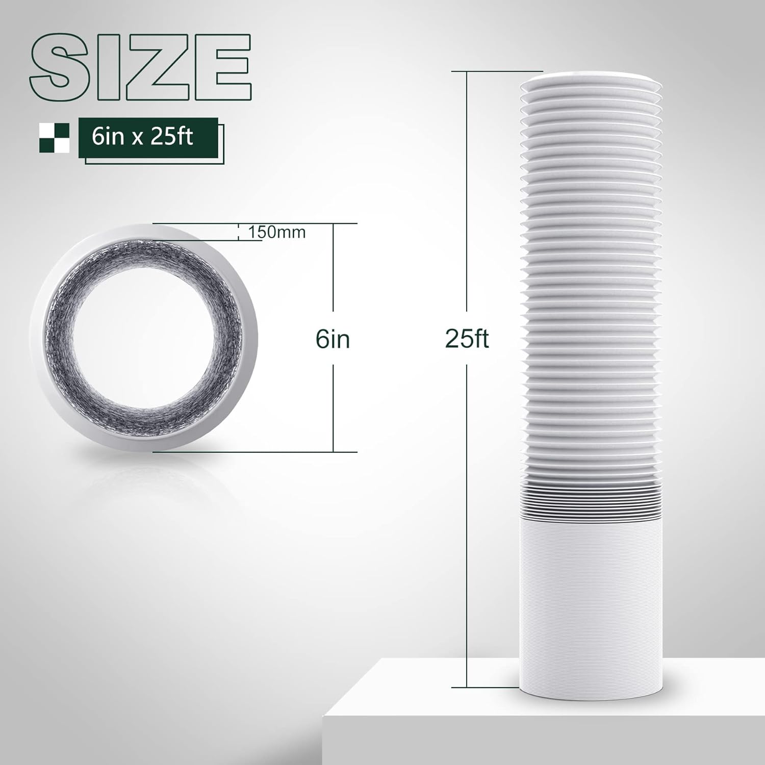 Flehomo 6Inch 25Ft Aluminum Ducting, Flexible Heavy Duty 4 Layer Protection Ducting Vent Hose for HVAC Ventilation and Exhaust, Duct Fan System, White