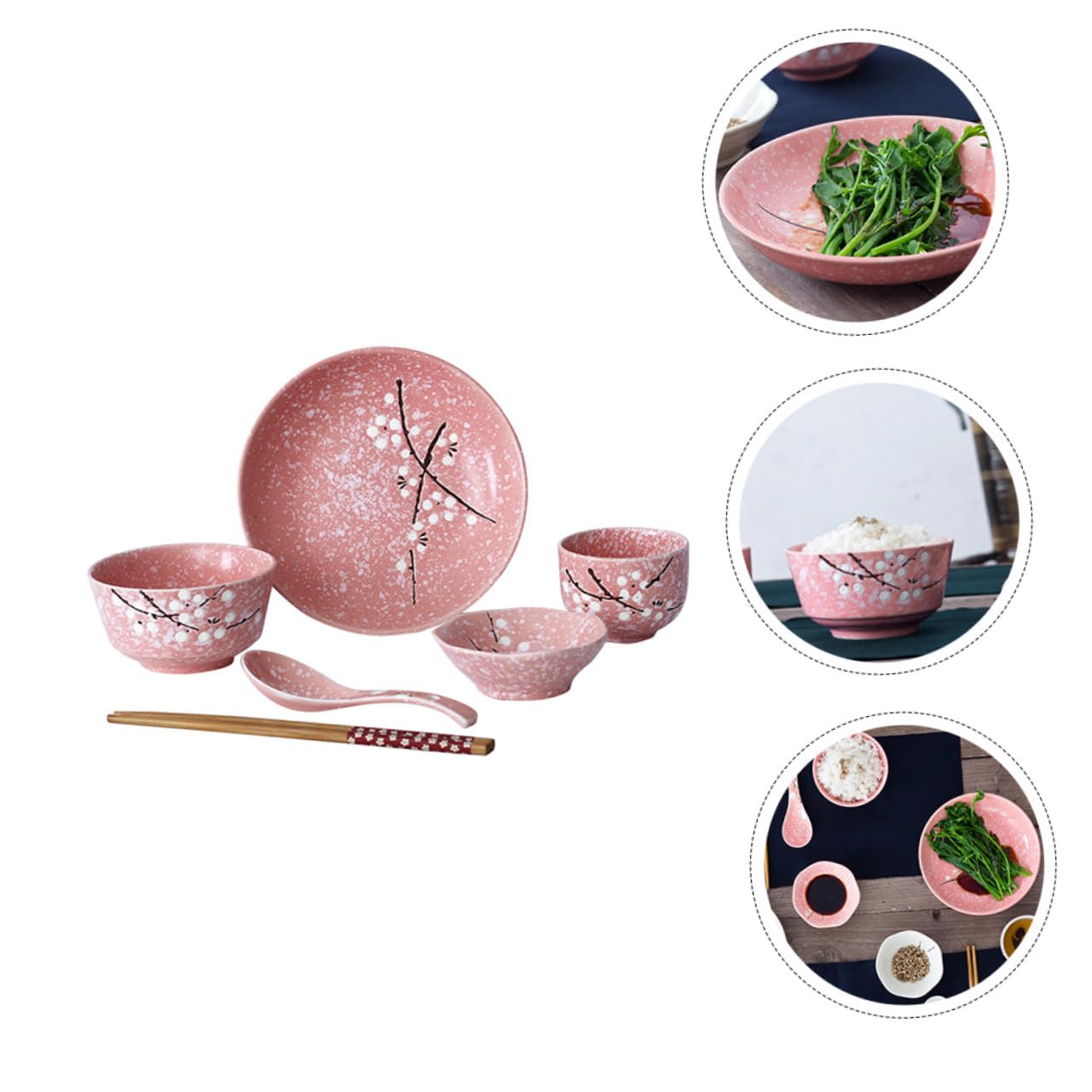Cabilock Vajilla Japonesa de Rosa Incluye Cuencos Platos Vasos Cucharas y Palillos Diseño Elegante para Uso Doméstico y Restaurante