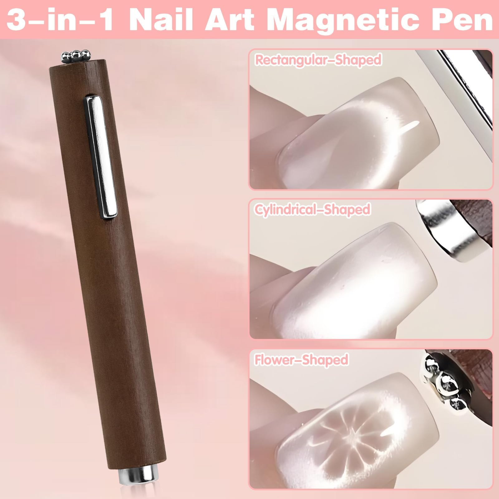 2Pcs Cat Eye Magnet for Nails Double-Ended Iridescent Cylindrical Magnet Pen 3-in-1 Brown Powerful Multifunctional Tool for Cat Eye Gel Nail Polish Wooden Handle for Home DIY Salon Studio - Image 3