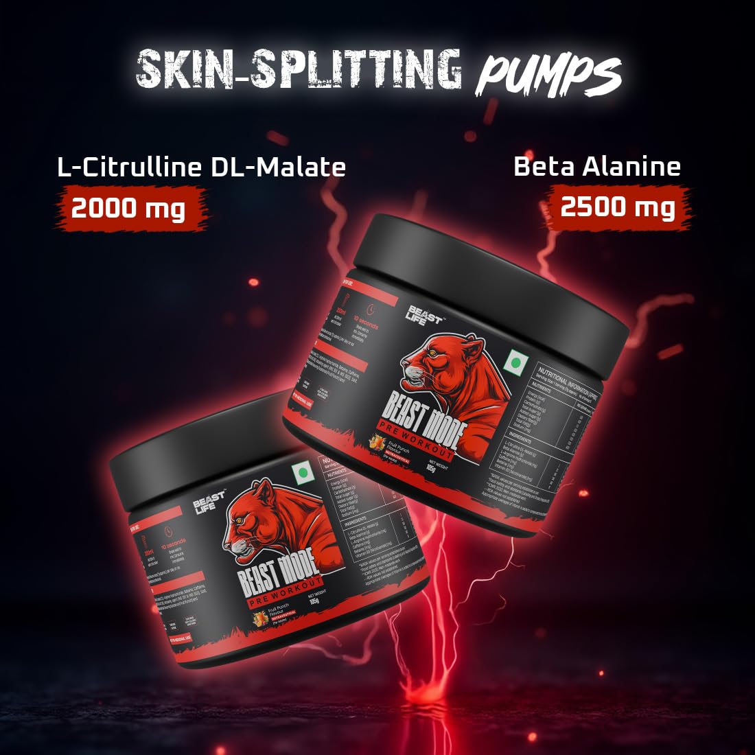 Beastlife Pre-Workout | 105 gm | Fruit Punch Flavor | Boosts Pump & Energy | Speeds Up Recovery | 2000 mg Citrulline | 2500 mg Beta-Alanine | 200 mg Caffeine | 500 mg Betaine 1