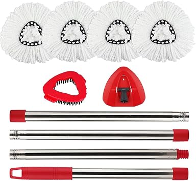 Spin Mop Head Refill for Vileda/Cedar EasyWring Spin Mop - Rotating Microfiber Triangle Replacement Pads Washable & Reusable fit All Floor - 4 Cloth 1 Base 1 Handle and 1 Brush