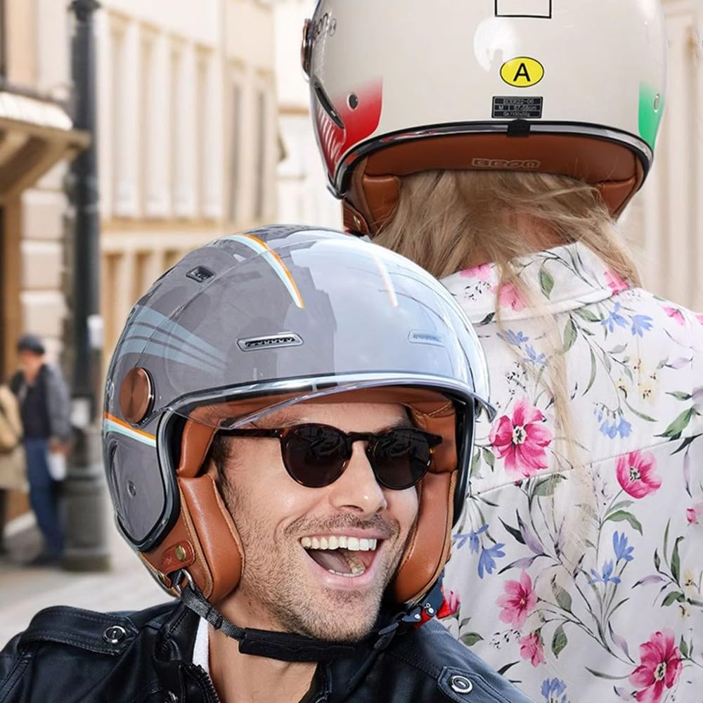 Casco Demi-Jet con Doppia Visiera, Casco Scooter Estivo Omologato ECE 22.05 con 10 Fori di Aerazione - Casco con Visiera Antigraffio e Sgancio Micrometrico