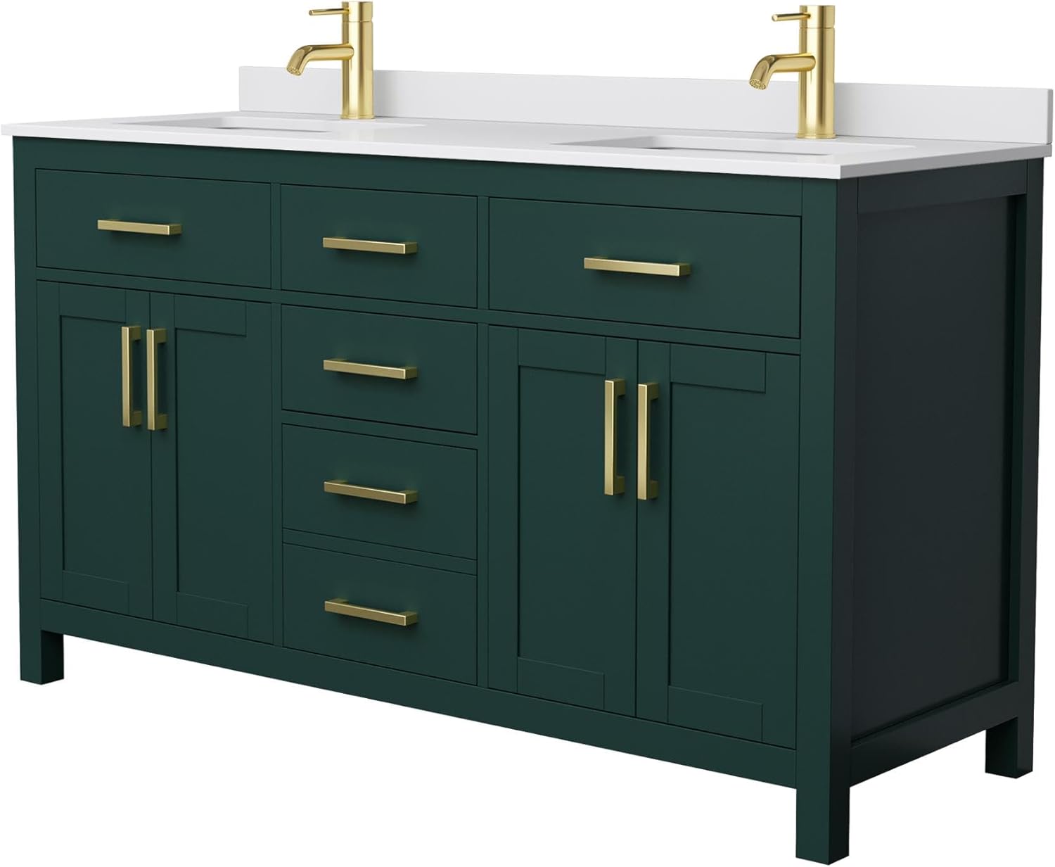 Beckett 60 Inch Double Bathroom Vanity in Green, White Cultured Marble Countertop, Undermount Square Sinks, Brushed Gold Trim