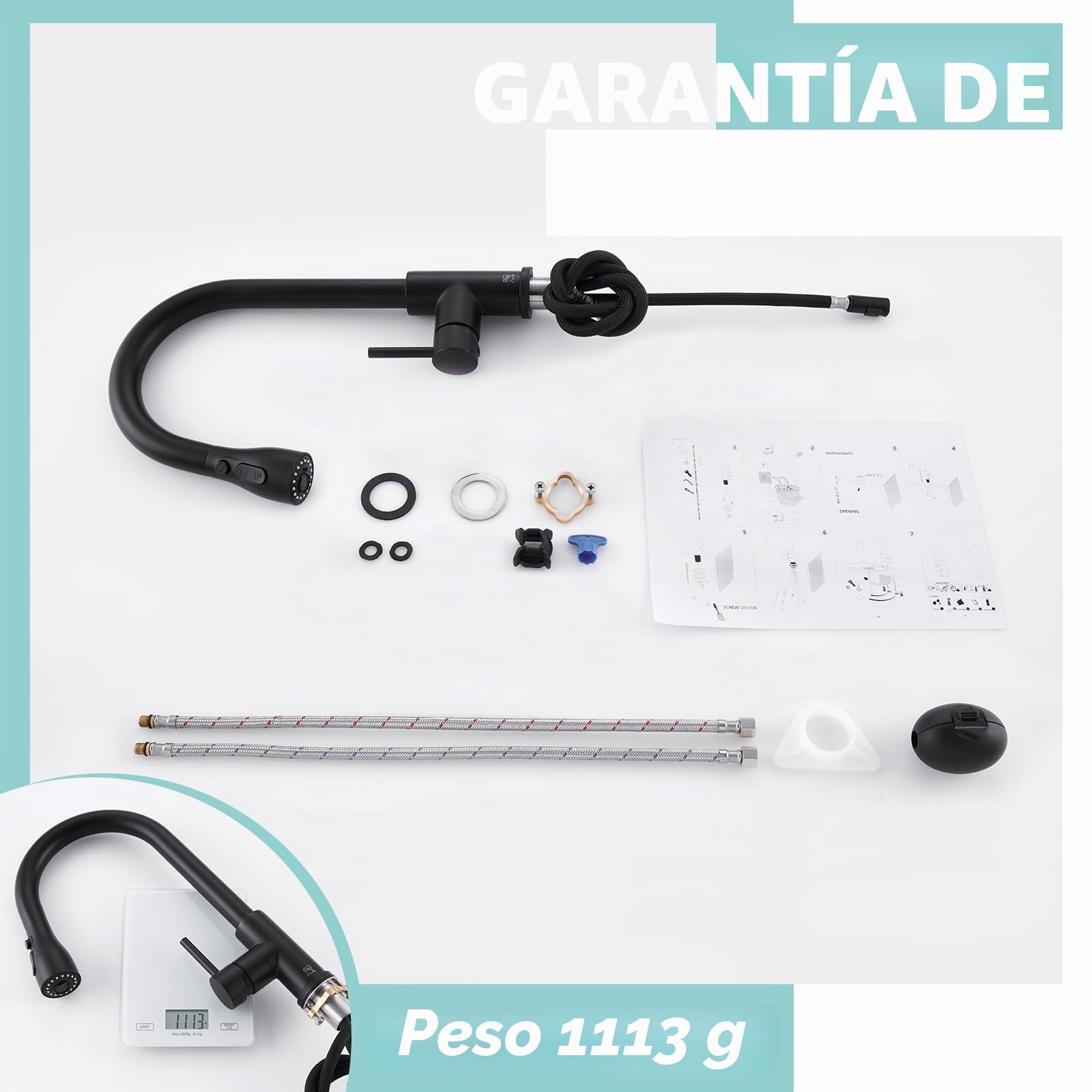 CREA Grifo Cocina Extraíble, Grifo de Cocina Monomando con 3 Modos de Ducha, Grifo para Fregadero con Ducha, Grifo Fregadero Cocina Giratorio a 360°, Negro Mate