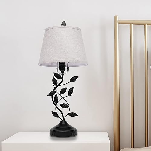 Miniatura 7 de Eapmic Lámpara de mesa con puertos USB, lámpara de mesa auxiliar de noche, lámpara de escritorio tradicional, lámpara de hoja retro grande para sala