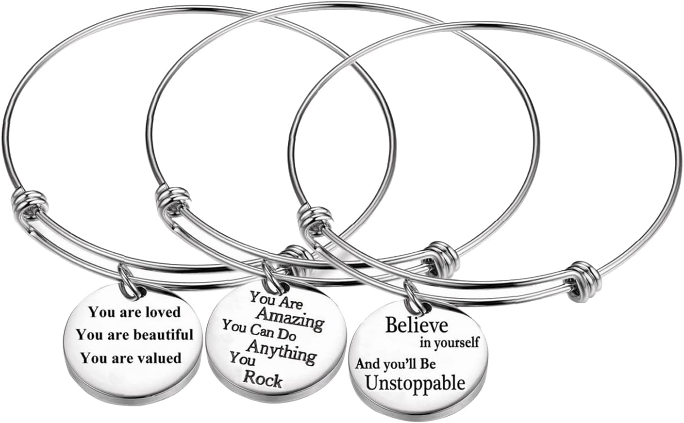 3-Pack Women's Inspirational Engraved Charm Bracelets - Expandable Silver Plated Stainless Steel Motivational Bangles