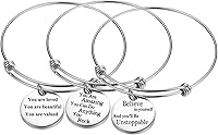 3-Pack Women's Inspirational Engraved Charm Bracelets - Expandable Silver Plated Stainless Steel Motivational Bangles