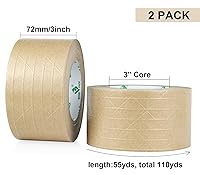 Vista 2 de BOMEI PACK Cinta de embalaje de papel Kraft reforzado marrón ancho 3 pulgadas, 2 rollos de cinta de embalaje engomada de papel autoadhesivo