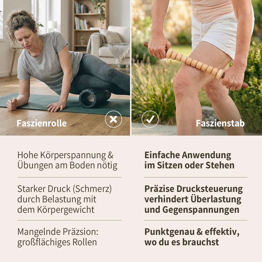 Faszienstab Woodstick FLEX mit GLATTEN Massage-Elementen [DAS ORIGINAL aus Österreich - Echte Handarbeit] Biegsamer Massage-Stab aus Holz — Einfaches Faszientraining ohne Rollen am Boden