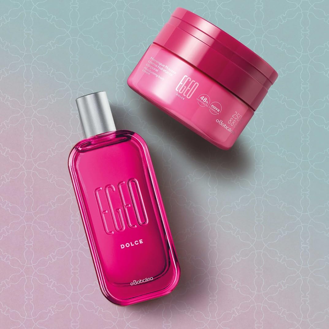 O Boticário Egeo Dolce - Set regalo da donna, profumo EDT + mousse per il corpo | Profumo EDT 90 ml + mousse corpo 250 g, aroma Gourmand orientale, fragranza gelato di lampone e cotone di zucchero, vegano