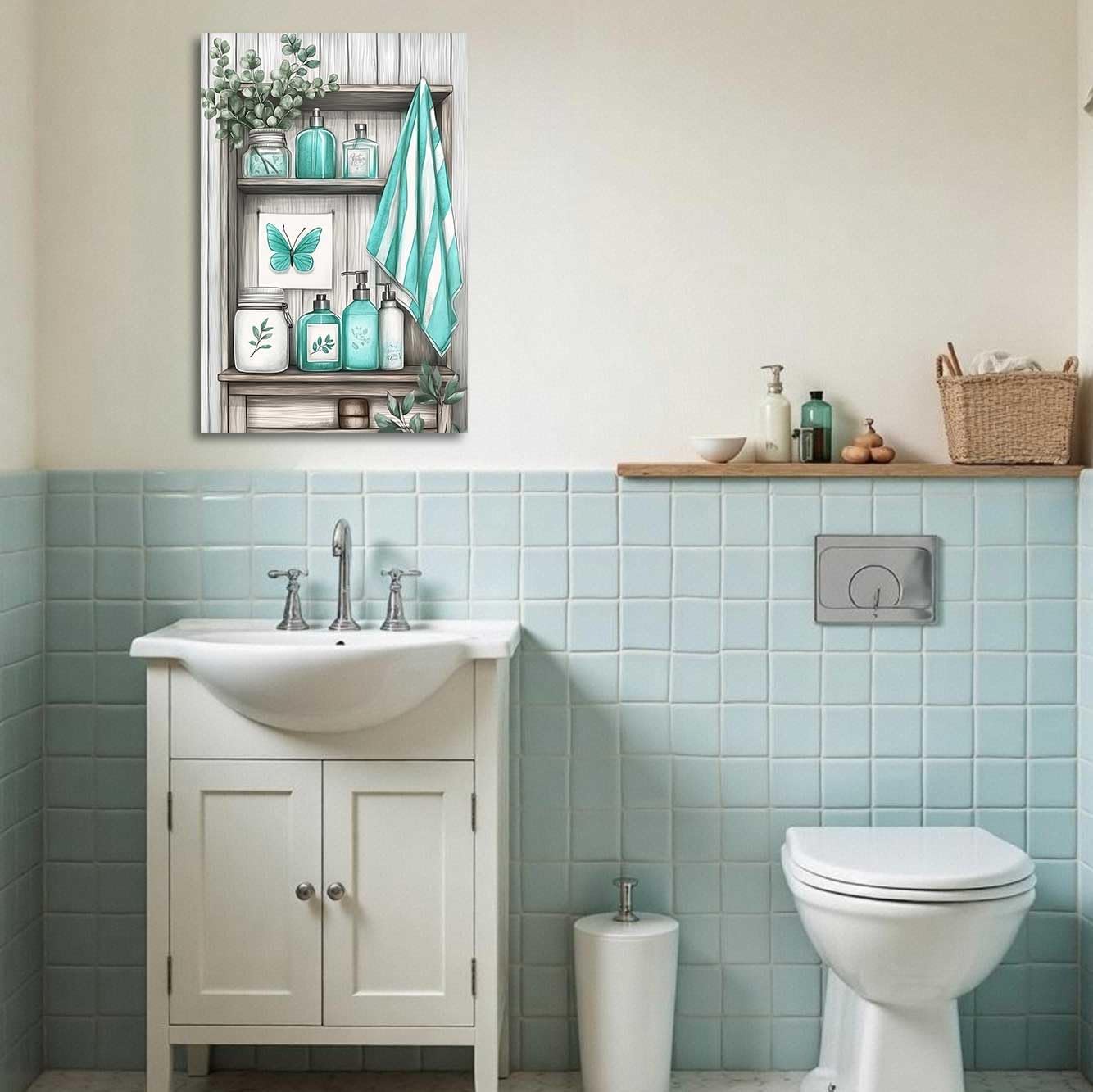 YMXDYMJSW Teal Bathroom Wall Art Turquoise Canvas Prints Rustic Bathroom Sign Pictures Farmhouse Flower Poster Prints for Toilet Restroom Decor Framed (Teal, (18L x 12W))