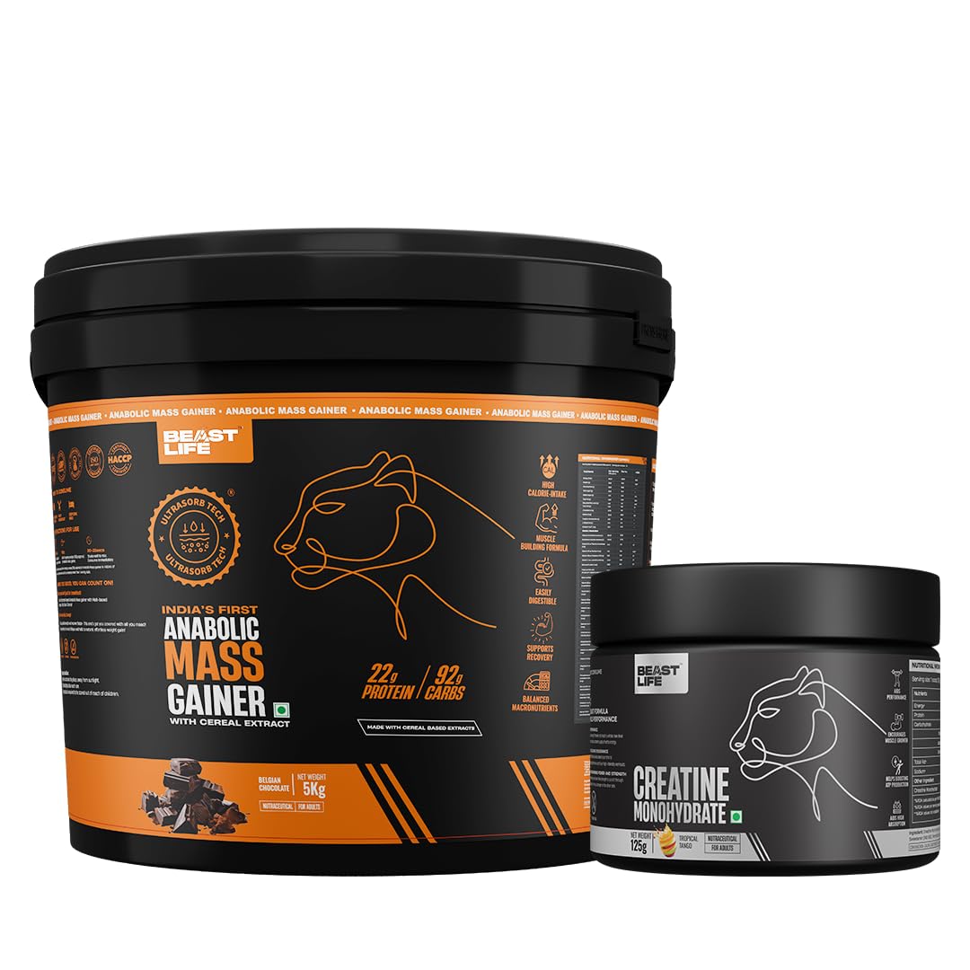 BeastLife High Protein Mass/Weight Gainer 5 KG with Creatine Monohydrate 125g | Belgian Chocolate, Tropical Tango | For Muscle Gain & Fast Growth | Cereal-Based Formula, No Maltodextrin-image-17