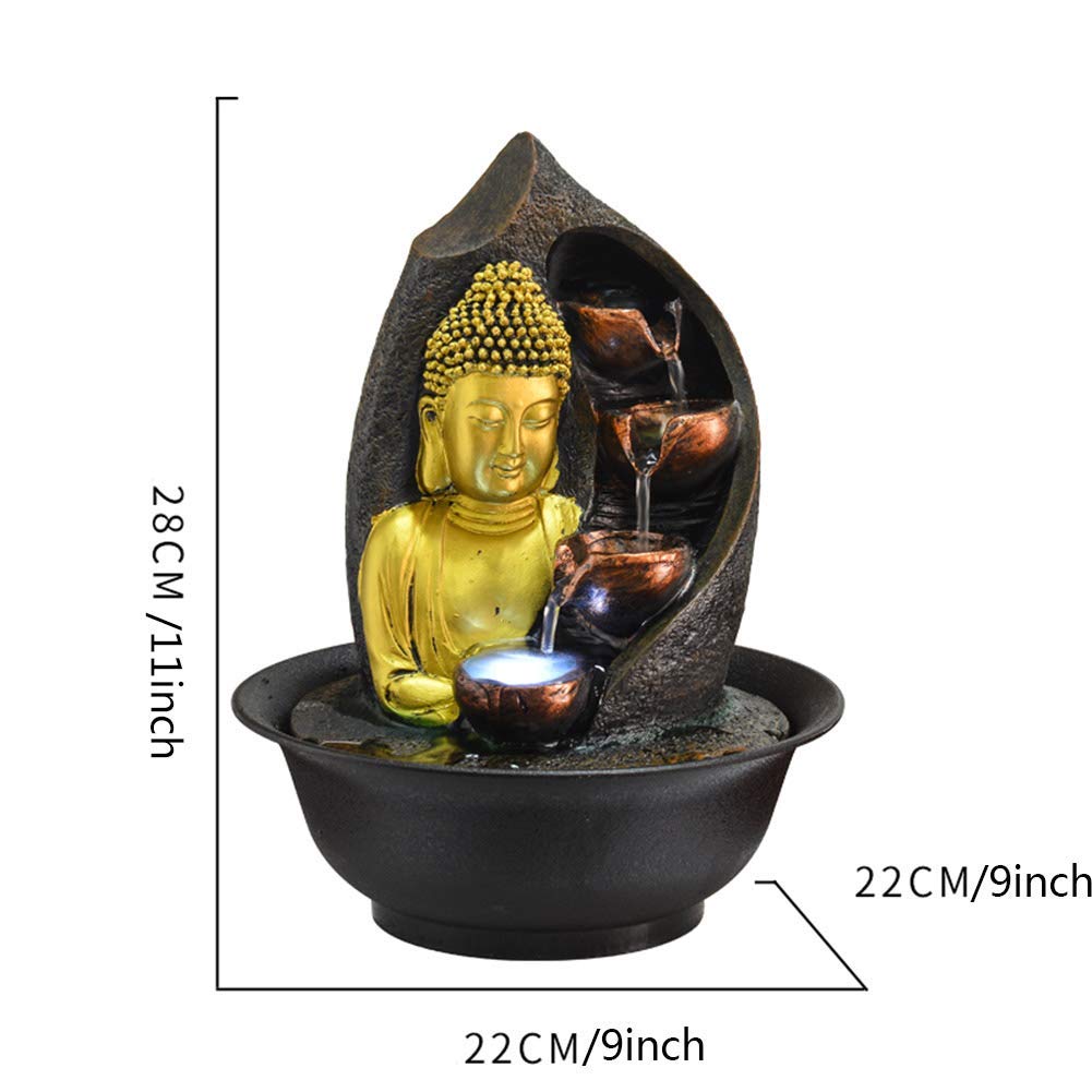 Una fontana di Buddha illuminata, fontana di meditazione zen per interni, statua di Buddha in resina, regali e decorazioni, fontana di acqua feng shui dorata da 11 pollici