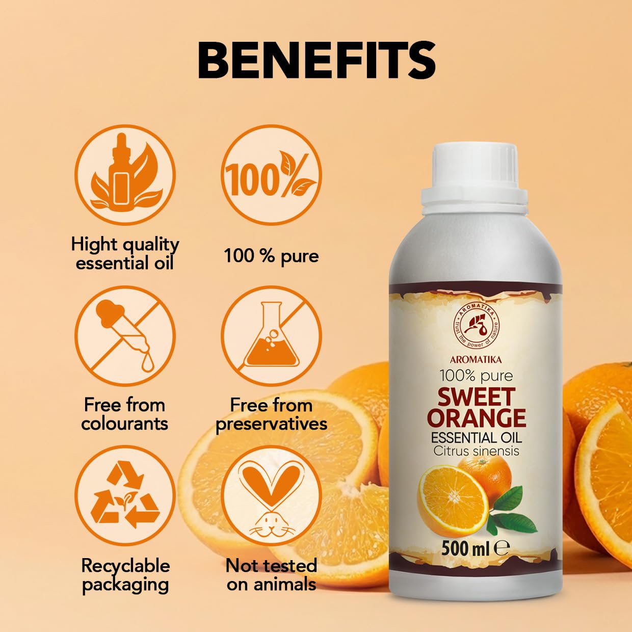 Olejek Eteryczny Ze Słodkiej Pomarańczy 500 ml - Citrus Sinensis - Olejek Pomarańczowy do Dyfuzora - Zapach Cytrusów - Aromaterapia - Świece Zapachowe - Mydła - Odświeżanie Powietrza