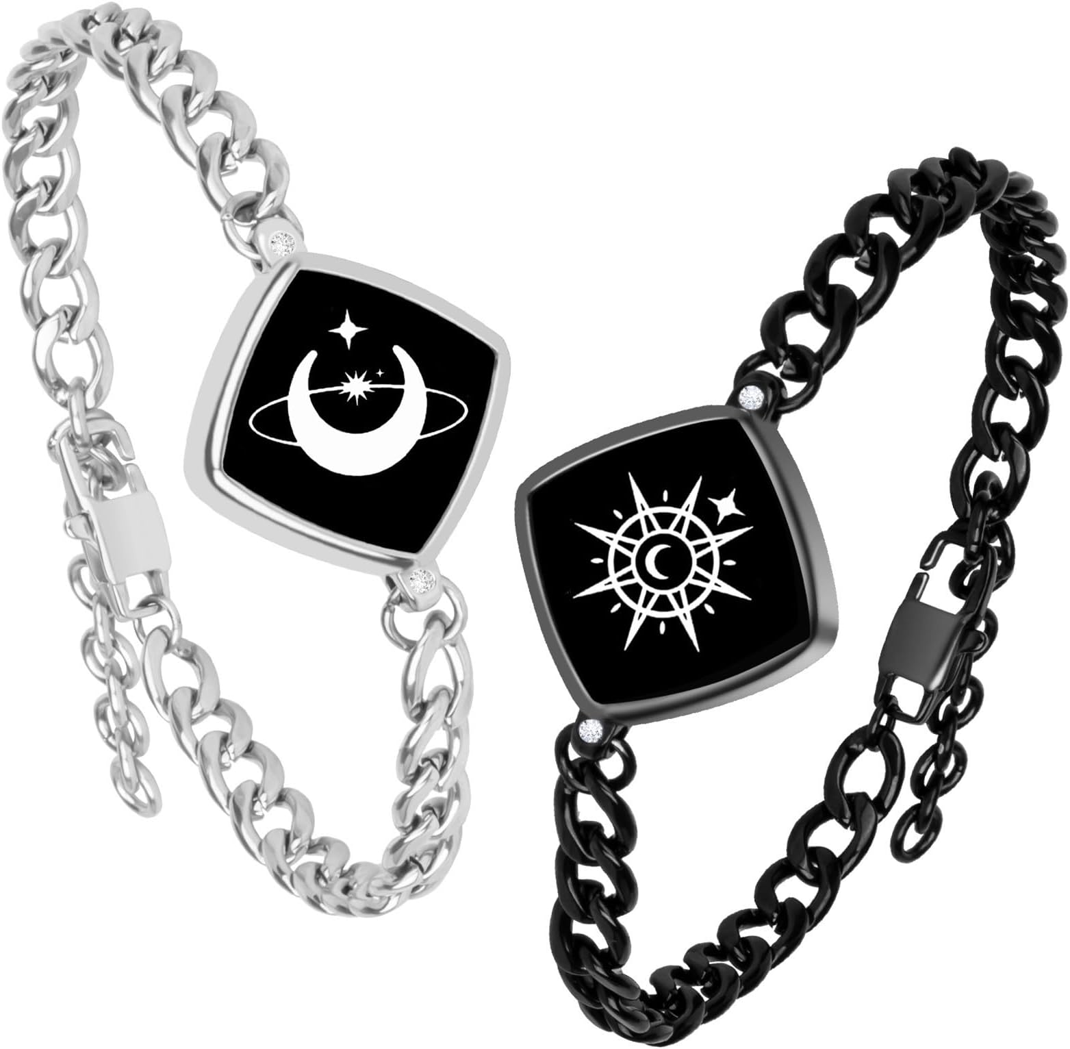 Long Distance Touch Bracelets,Vibration & Light up Couples Bracelets, Remote Smart Matching Bracelet Jewelry Sets for Couples Long Distance Relationship Girlfriend Boyfriend Xmas Gifts Black Silver