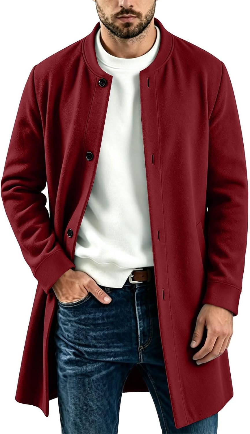 Men's Button Front Overcoat Band Collar Casual Longline Pocket Coat