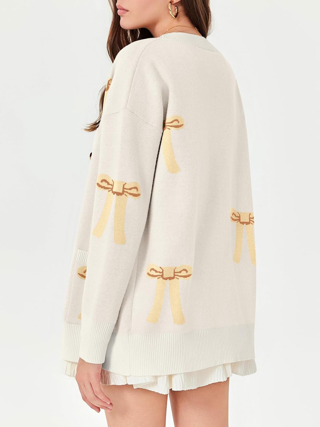 Saodimallsu Womens Oversized Cardigan Sweaters Bow Printed Button V Neck Long Sleeve Loose Knit Fall Trendy Coats - Image 5