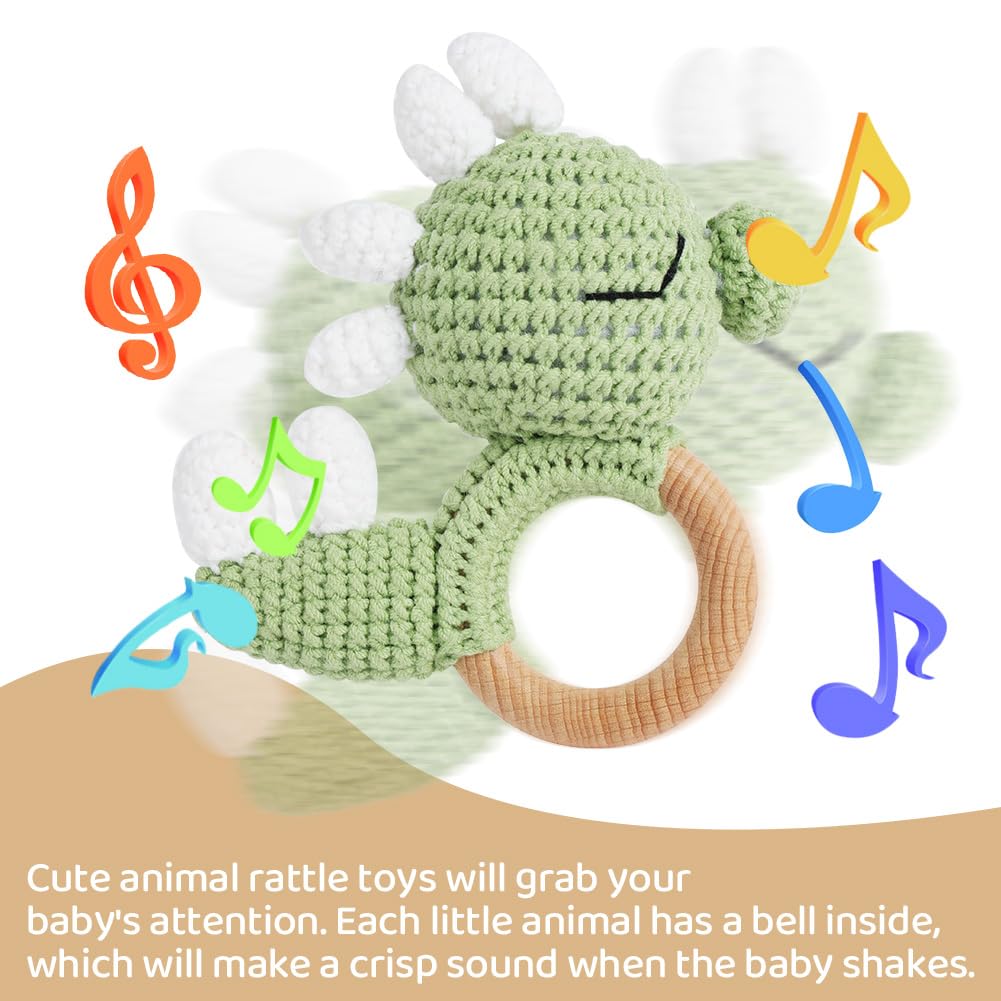 Vicloon Wooden Baby Rattle, Crochet Animals Soft Rattle Sensory Toys - Image 4