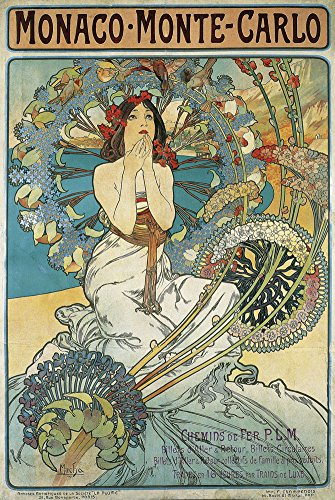 Affiche Monaco Monte Carlo Mucha 1897 finition bois de qualité pour décoration raffinée