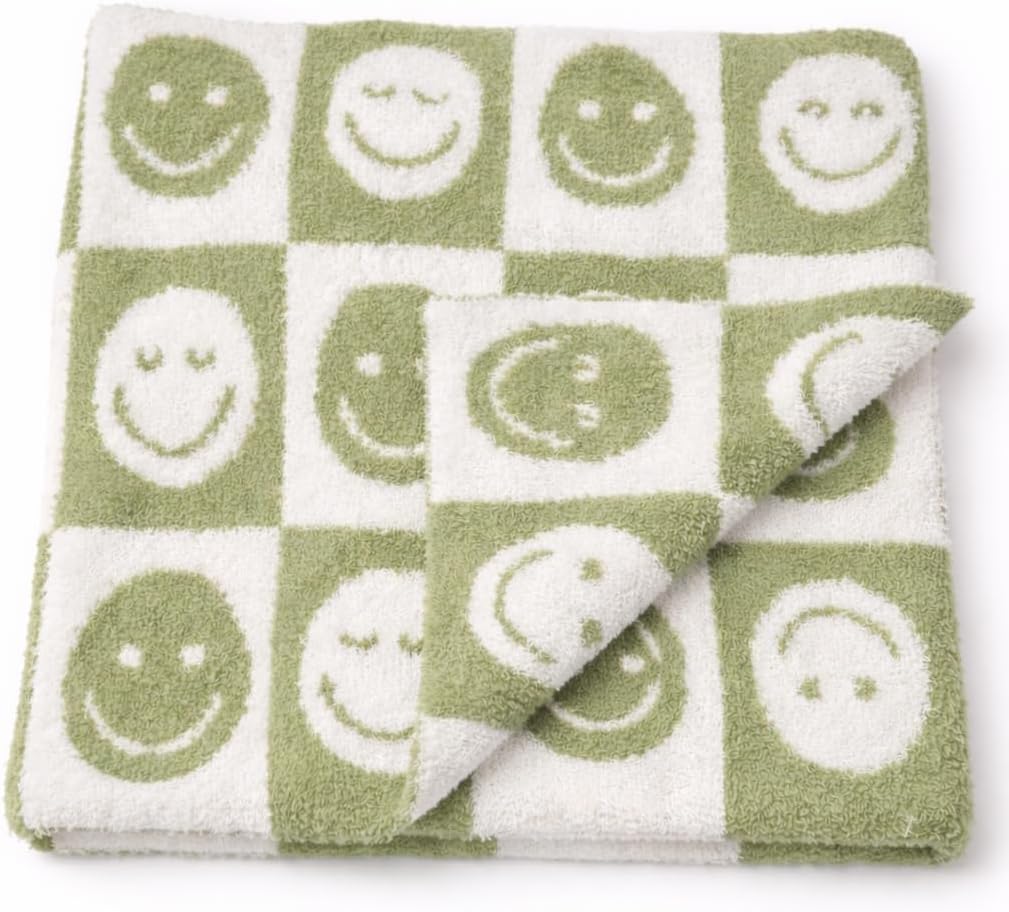 L+L USA Checkered Smiley Face Baby Blanket 28"x40" - DreamSoft Knit Throw for Crib, Stroller or Car Seat Blanket/Newborn Nursery Gift Essential Toddler, Infant, Kids Boys & Girls (Sage Green/White)