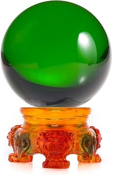 Amlong Crystal 3 inch 80mm Green Crystal Ball with Rainbow Lion Resin Stand and Gift Box for Decorative Ball, Lensball Photography, Gazing Divination or Feng Shui, and Fortune Telling Ball