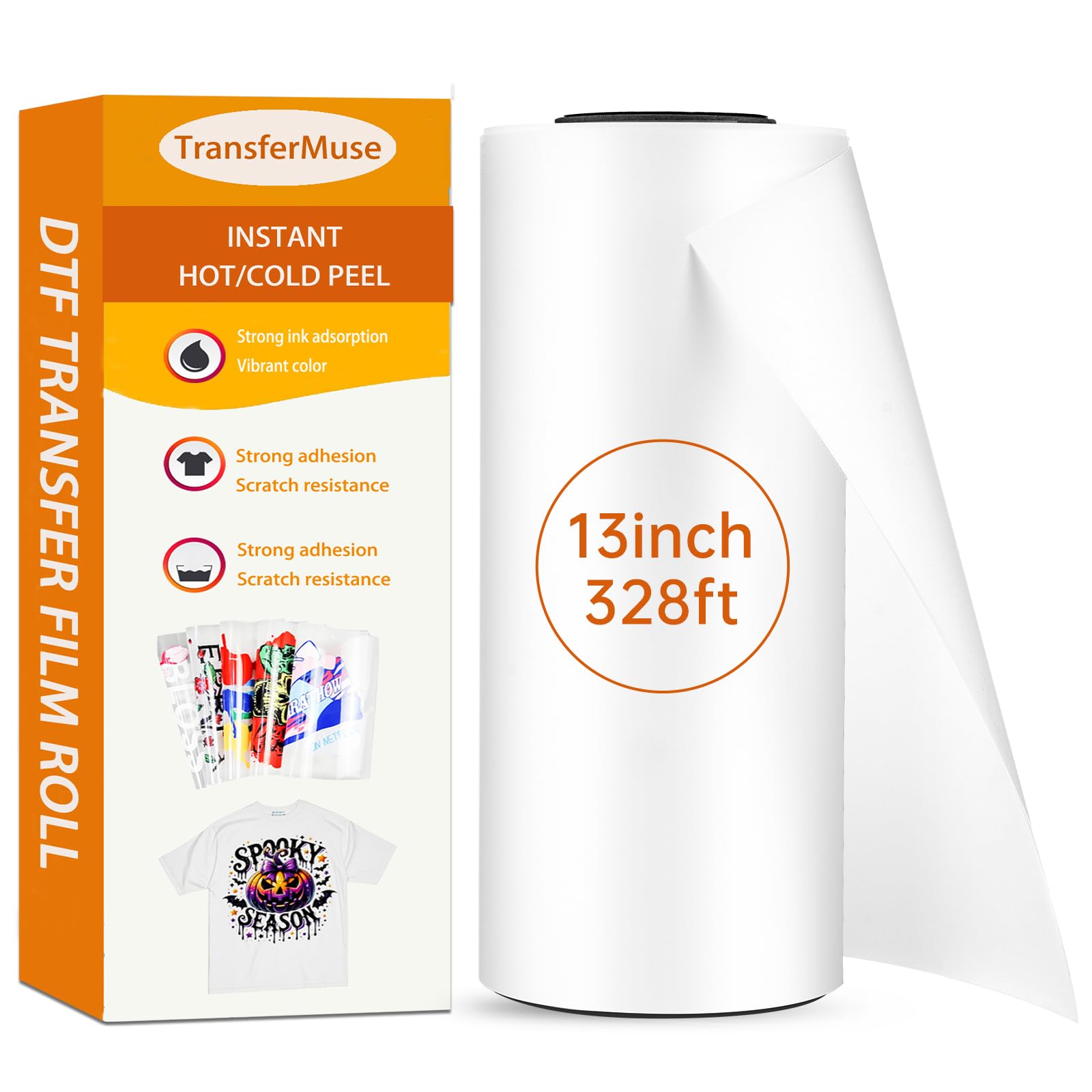 TransferMuse DTF Transfer Film Roll Double-Sided Matte 13 inch 328 Feet Instant Hot Peel PET Transfer Paper Direct to Film