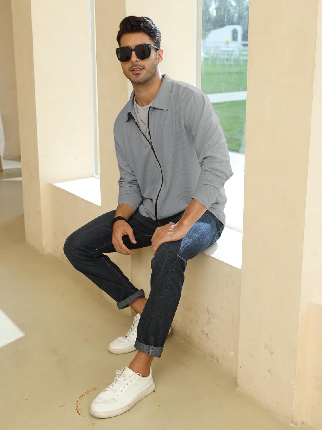 PICKLION Men Casual Cardigan Sweaters Laydown Collar Zipper Closure Solid Color Long Sleeve Waffle Jackets - Image 6