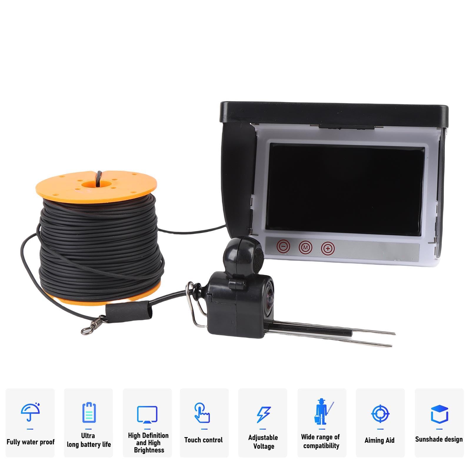 ASHATA Cámara de Pesca Submarina, Buscador de Pescado de Pantalla de 4.3 Pulgadas, Impermeable 5MP 1080p 195 ° Gran Angular con Luz de Relleno de 8 Piezas, Cable de 164 Pies, Bolsa de