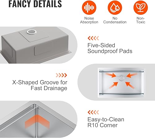 Miniatura 5 de VEVOR Fregadero individual de cocina de 30 pulgadas, fregadero de acero inoxidable 304 para montaje inferior, lavabo de granja con reborde y