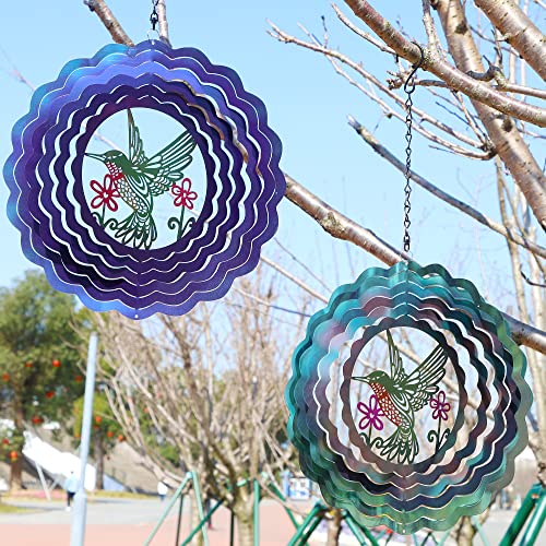 Glintoper 2 Pack Hummingbird Wind Spinners, 12 Inch Stainless Steel 3D Laser Cut Sun Catcher Metal Art, Indoor Outdoor Hanging Garden Decoration Colorful Crafts Ornaments Wind Spinner #TOP4