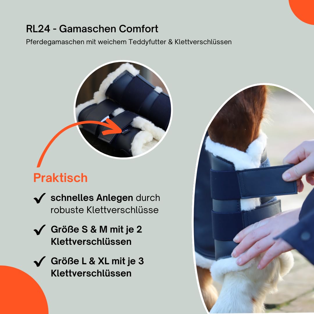 RL24 - Gamaschen Comfort – Pferdegamaschen mit weichem Teddyfutter & Klettverschlüssen – anatomisch geformt & stoßabsorbierend – Gamaschen für Pferde in dunkelblau – Größe L