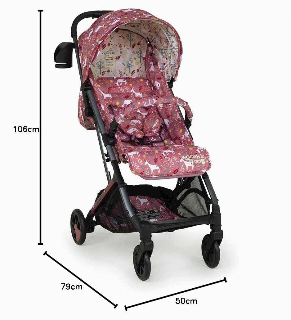 Cosatto Woosh 3 Silla de Paseo en el Estampado Unicorn Garden, Apta Desde el Nacimiento Hasta Los 25 kg, Fácil de Legar, Compacta, Cesta Amplia, Portavasos y Protector de Lluvia