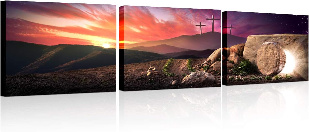 3 Piece Wall Decorations for Living Room Three Crosses at Sunrise Wall Art Christian Poster Prints on Canvas Modern Empty Tomb of Jesus Christ Home Decor Framed Ready to Hang (14x20 inch x3)