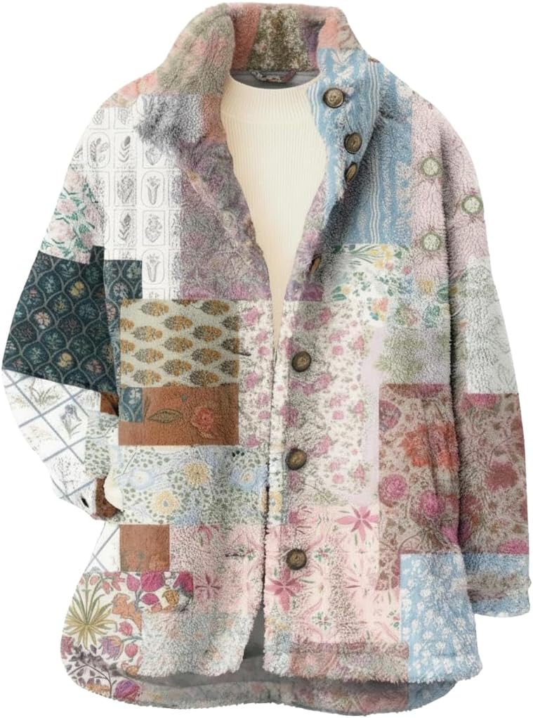 Womens Boho Button Fuzzy Sherpa Fleece Jackets Lightweight Floral Stand Collar Faux Fur Coats Fluffy Flannel Outerwear