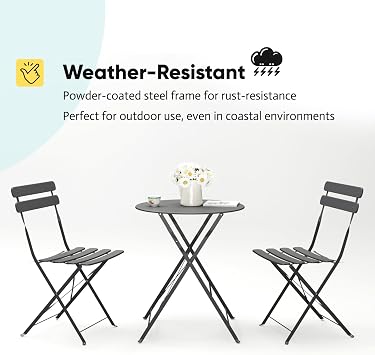 JOYBASE 3-Piece Patio Bistro Set, Steel Folding Table and Chairs for Indoor Outdoor Balcony Deck Porch Apartment (Grey)