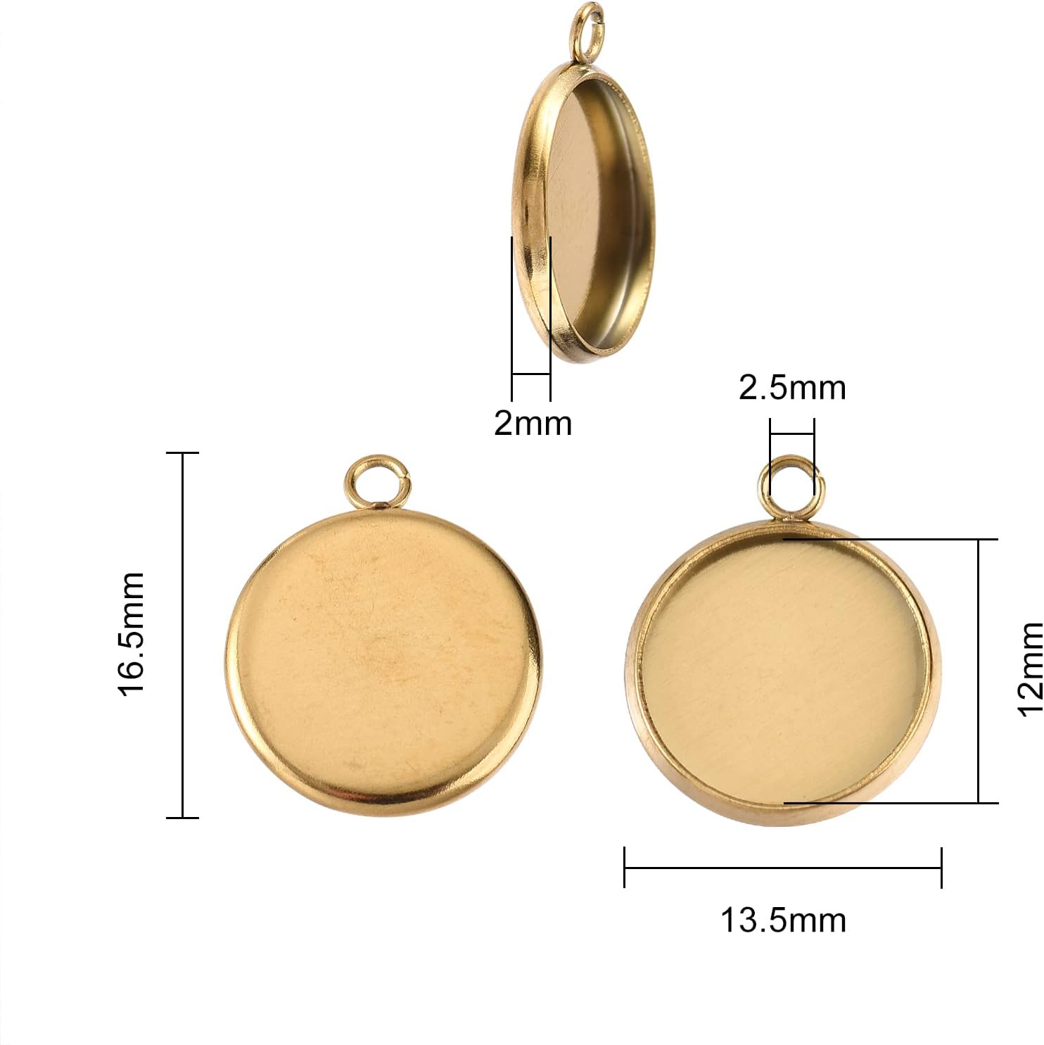 Airssory 100 Pcs Golden Plated 12mm Tray 304 Stainless Steel Pendant Cabochon Settings Plain Edge Bezel Cups Flat Round Charm for DIY Crafting - 16.5x13.5mm