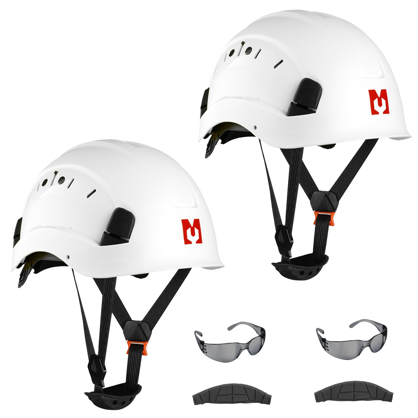 Mustbau Hard Hats Construction Safety Helmet with Anti-fog Safety Glasses Wheel Ratchet Adjust 53-63 cm for Scaffolding,Construction and Tradesmen EN 397 (White-2)