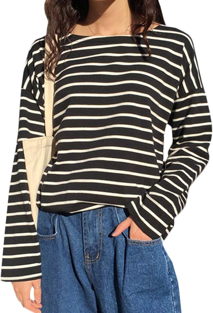 Amazon ｓｅｍｏ１ｍｕｓ Tシャツ レディース トップス カットソー ボーダー 長袖 ストライプ ゆったり シンプル 通勤 Tシャツ カットソー 通販
