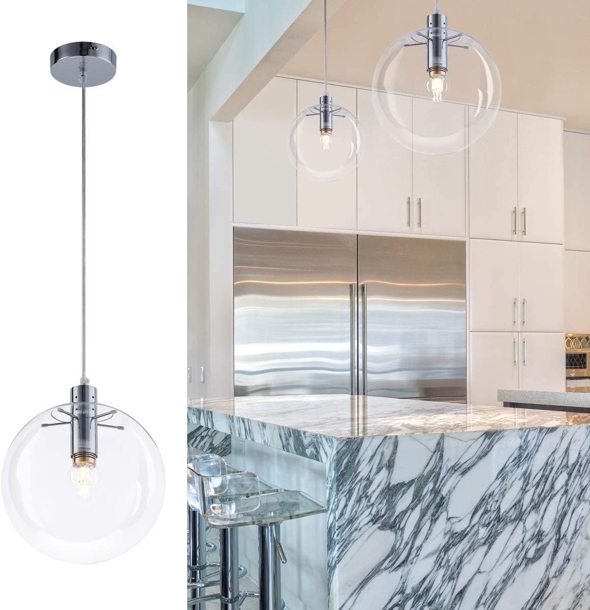 Modern Glass Globe Pendant Light 9.84 inch Chrome, Adjustable Edison Ceiling Pendant Light Fixtures for Kitchen Island Farmhouse Restaurants