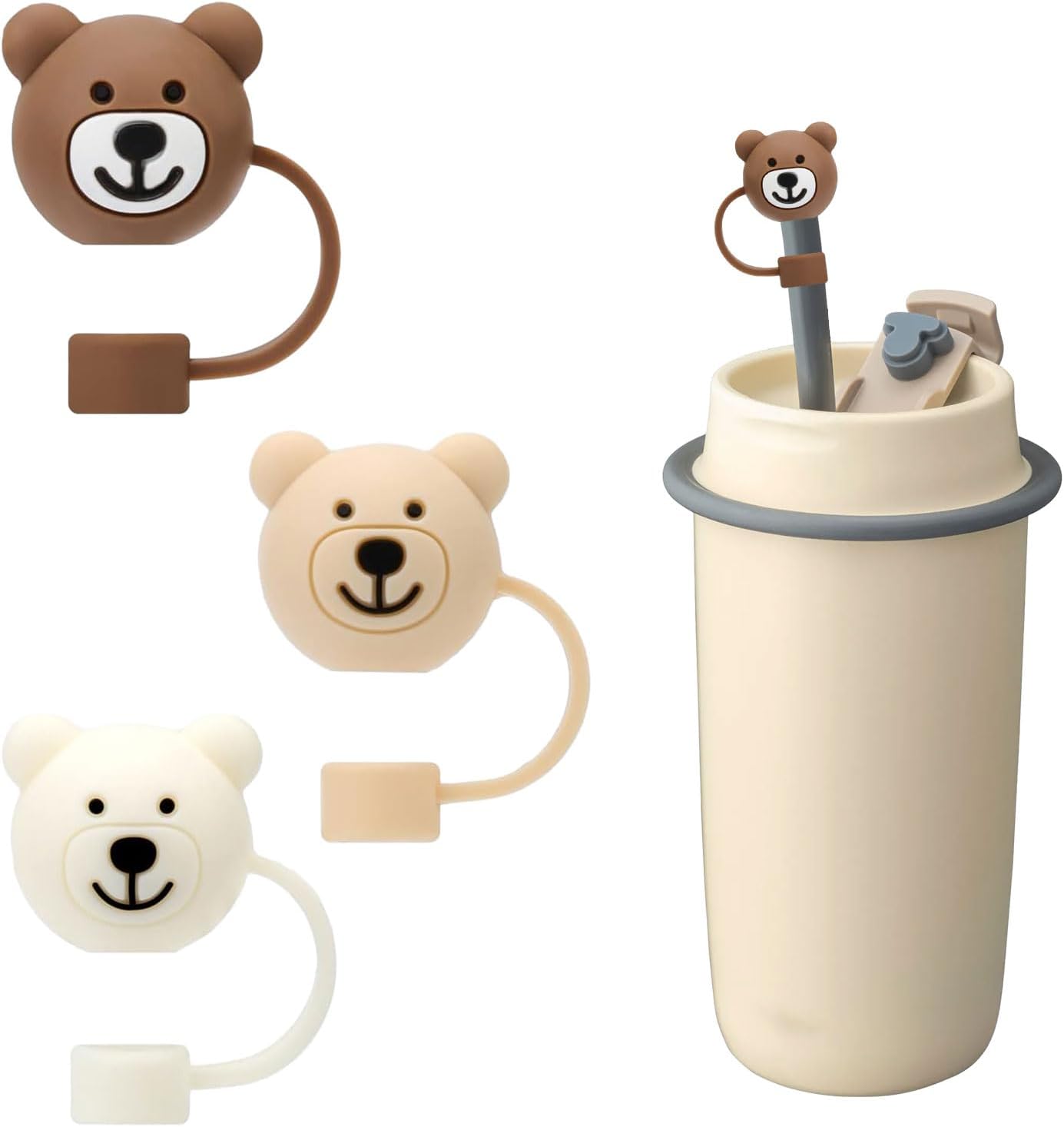 TYVOM 3pcs Straw Covers,Silicone Straw Tips Bear Straw Covers,Reusable Portable Dust-Proof Straw Topper Lid Cute Cartoon Straw Tip Covers Silicone Straw Tips