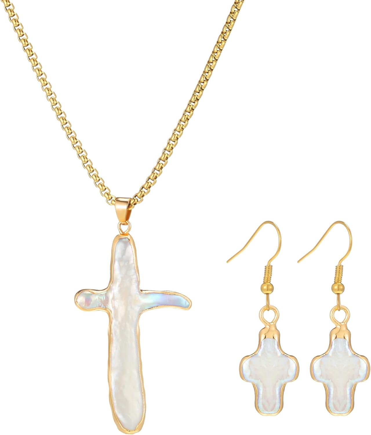 Trnayi Nature Pearl Cross Necklace Earrings Jewelry Set for