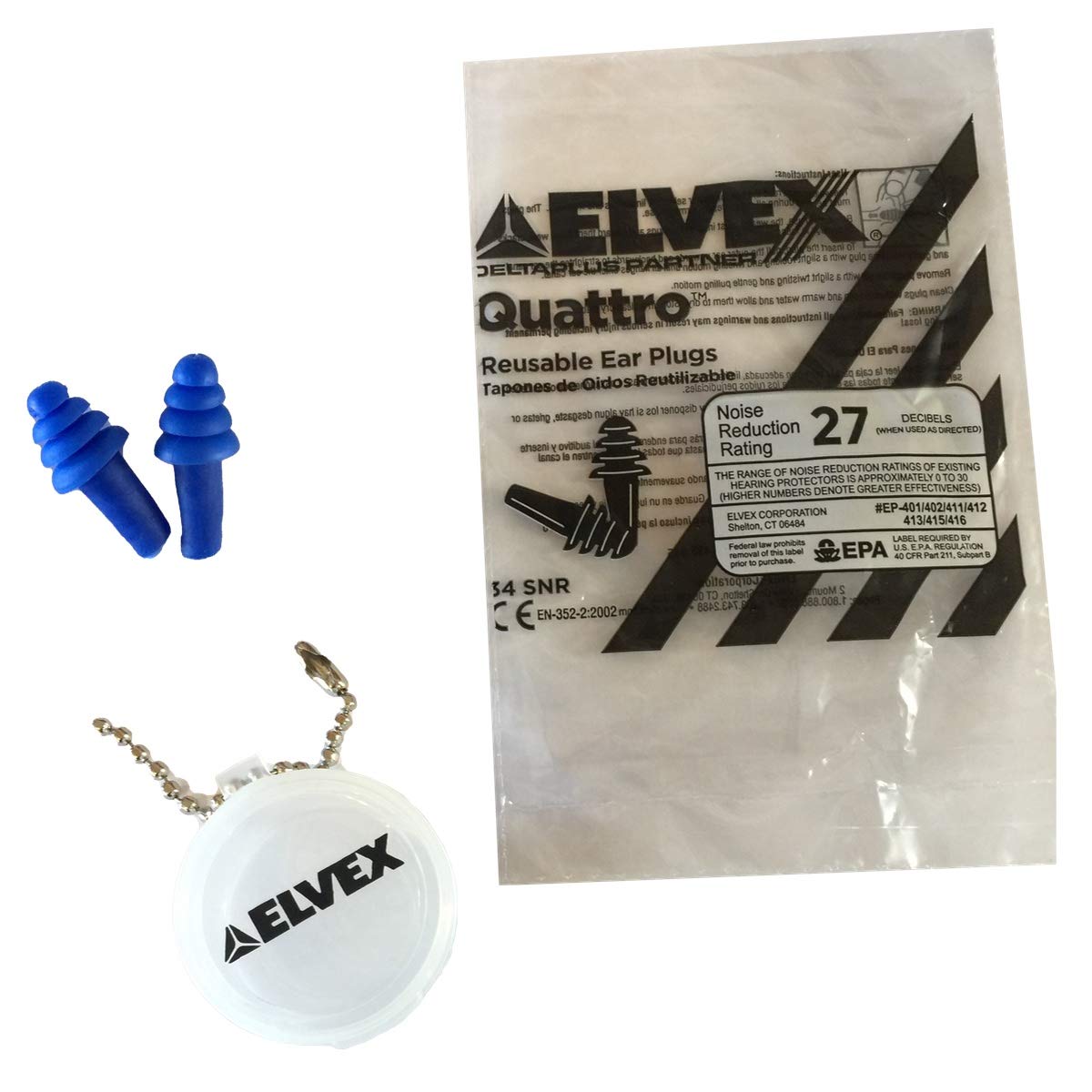 Elvex EP-402 Quattro Un-Corded Reusable Ear Plugs w/ Plastic Carrying Case/Chain